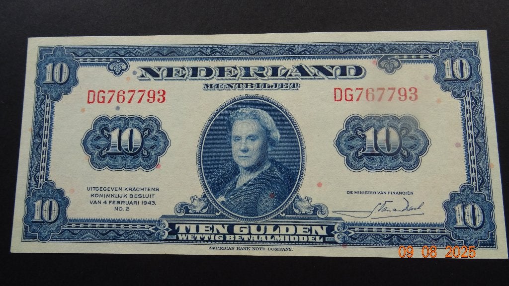 10 Gld 1943 UNC, Ophalen of Verzenden, 10 gulden, Los biljet