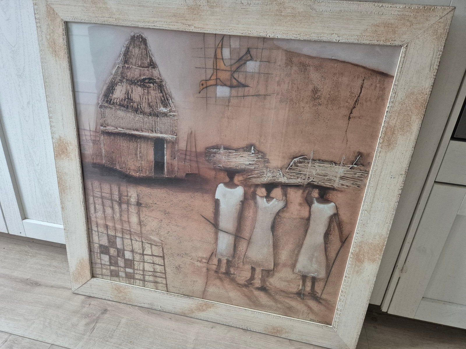 Afrikaans schilderij van Jan Noordhuis in lijst, Schilderij, Afrika, Meerkleurig, Gesigneerd