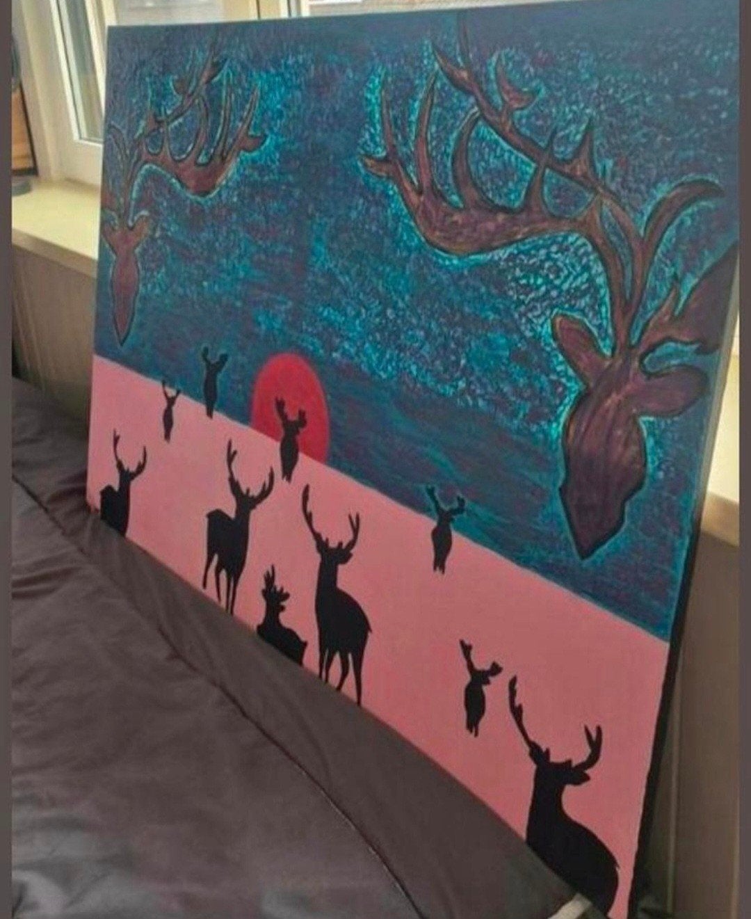 Abstract schilderij met herten en zonsondergang, Antiek en Kunst, Kunst | Schilderijen | Klassiek, Ophalen, Acrylverf, Dieren