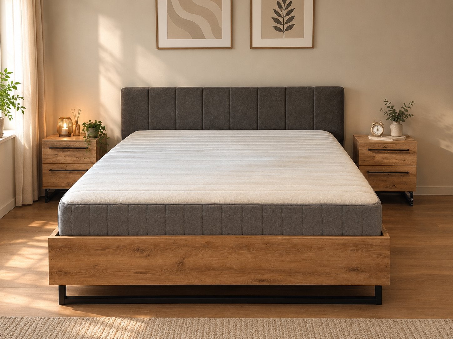 Tweepersoonsbed met matras en 2 nachtkastjes Meubella Suede, Huis en Inrichting, Ophalen, Bruin, Tweepersoons, Zo goed als nieuw