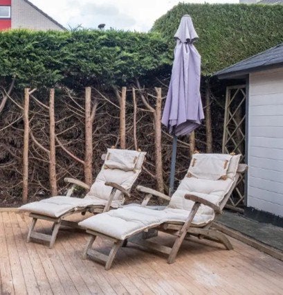 2 Teakhouten Deckchairs met Dikke Kussens, Ophalen, Gebruikt, Teakhout, Verstelbaar