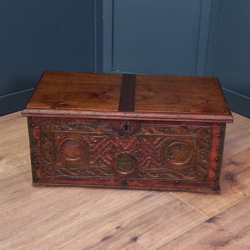Polychrome beschilderde eikenhouten bruidskistje, Minder dan 50 cm, 50 tot 100 cm, Eikenhout, Ophalen of Verzenden