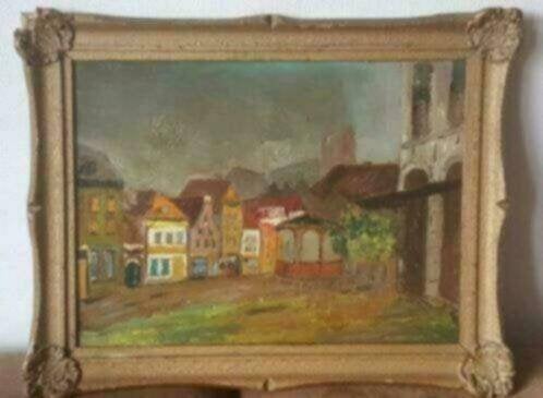 Oud Olieverf dorpsgezicht muziektent naieve kunst, Ophalen