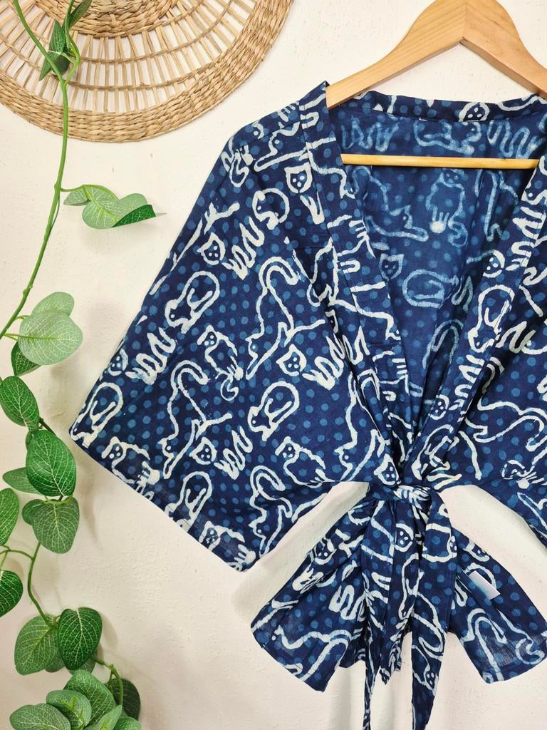 Handgemaakte kattenprint India katoen kimono allsize, Kleding | Dames, MINT UPCYCLING, Ophalen of Verzenden, Nieuw, Maat 46/48 (XL) of groter