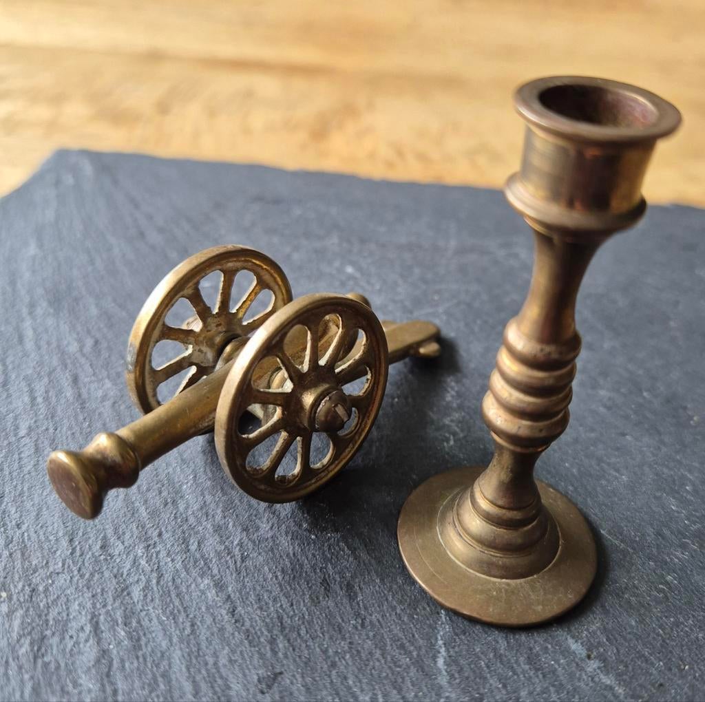 Miniatuur kanon en kandelaar van messing, Antiek en Kunst, Ophalen of Verzenden