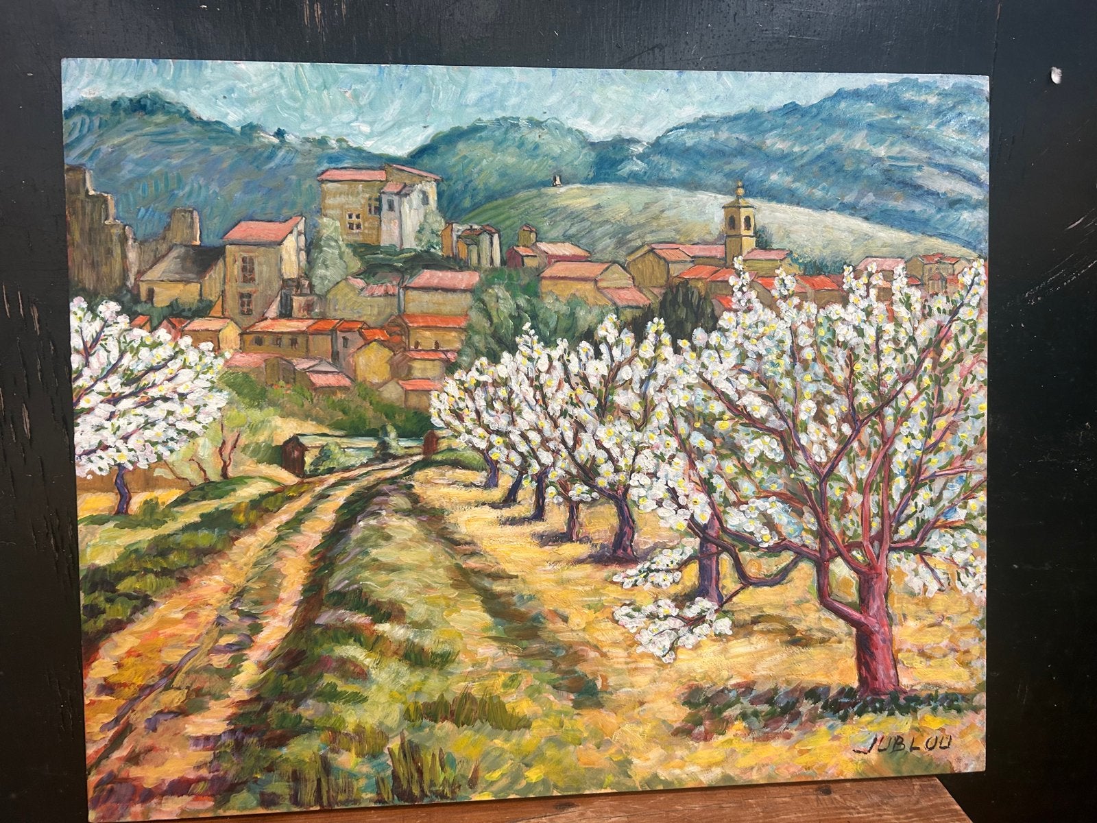 Mediterraans Landschap door Belgische Schilder Jublou, Ophalen, Doek, Impressionistisch, Gesigneerd