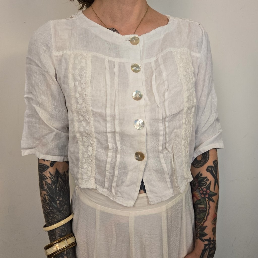 Witte Linnen Blouse Met Kant Dames M, Maat 38/40 (M), Vintage Dressing, Wit, Ophalen of Verzenden
