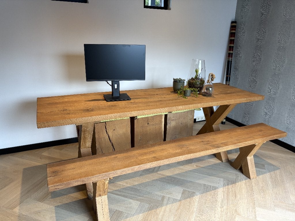 Moderne massief eikenhouten tafel met bank, Huis en Inrichting, Ophalen, Eikenhout, 200 cm of meer, 50 tot 100 cm