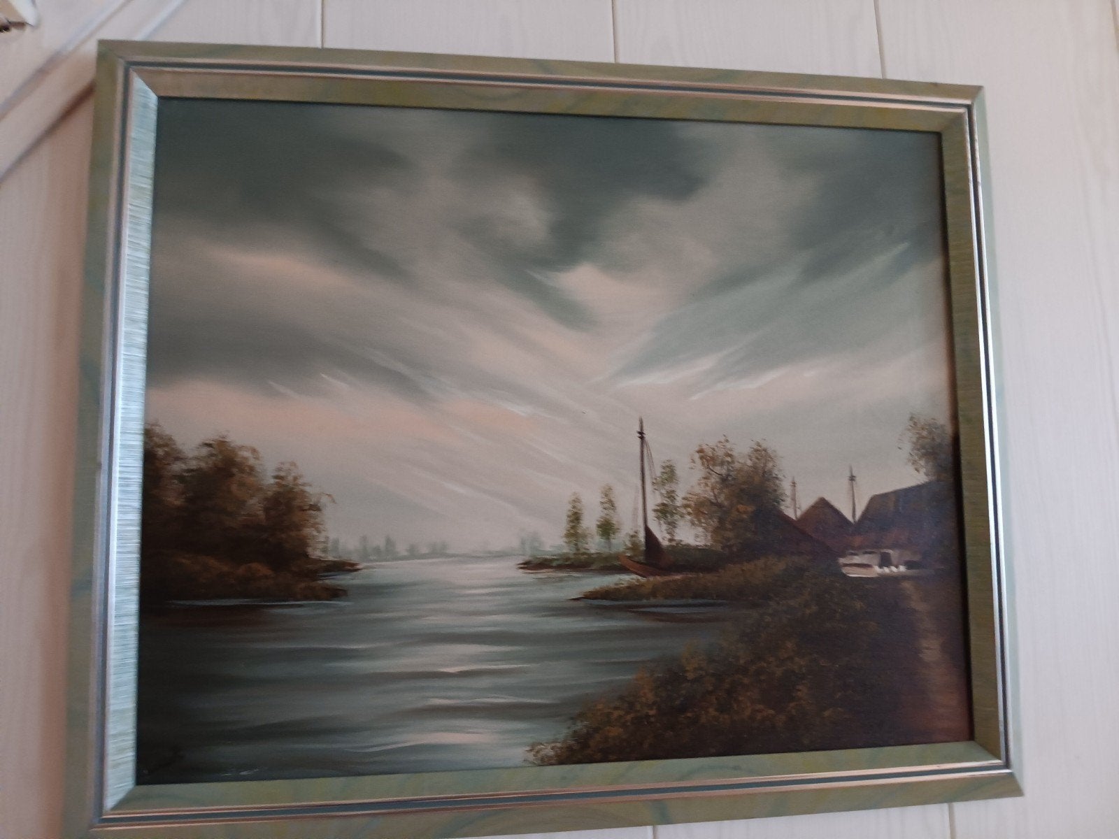 Schilderij: Hollands landschap met water en boerderijen, Ophalen of Verzenden