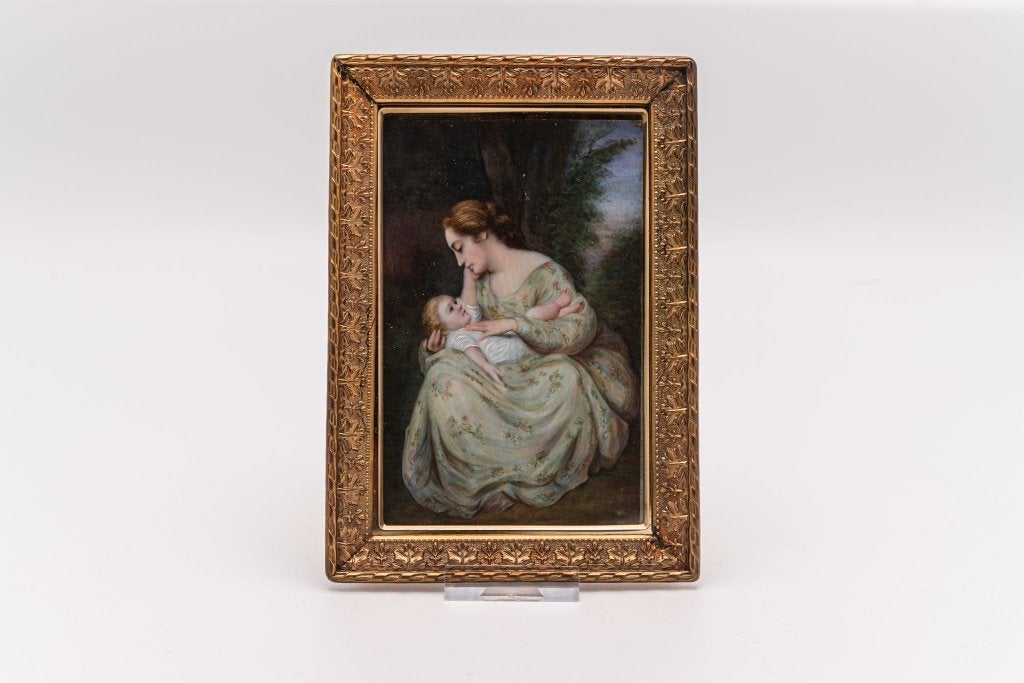 Miniatuurportretje Jonge vrouw met kind 19e eeuw, Ophalen of Verzenden