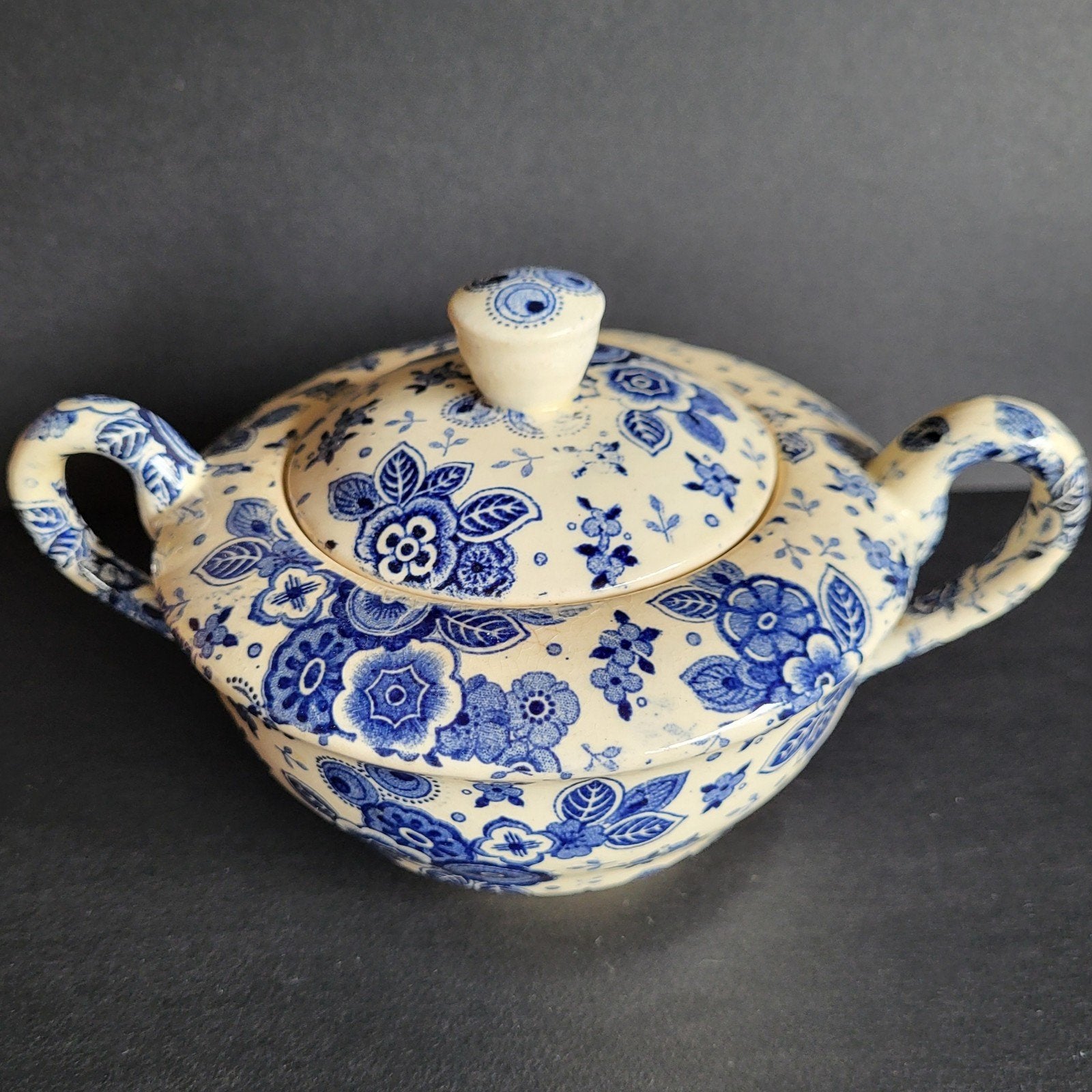Antieke suikerpot wit blauw bloem Beatrix Société Céramique, Antiek en Kunst, Ophalen of Verzenden