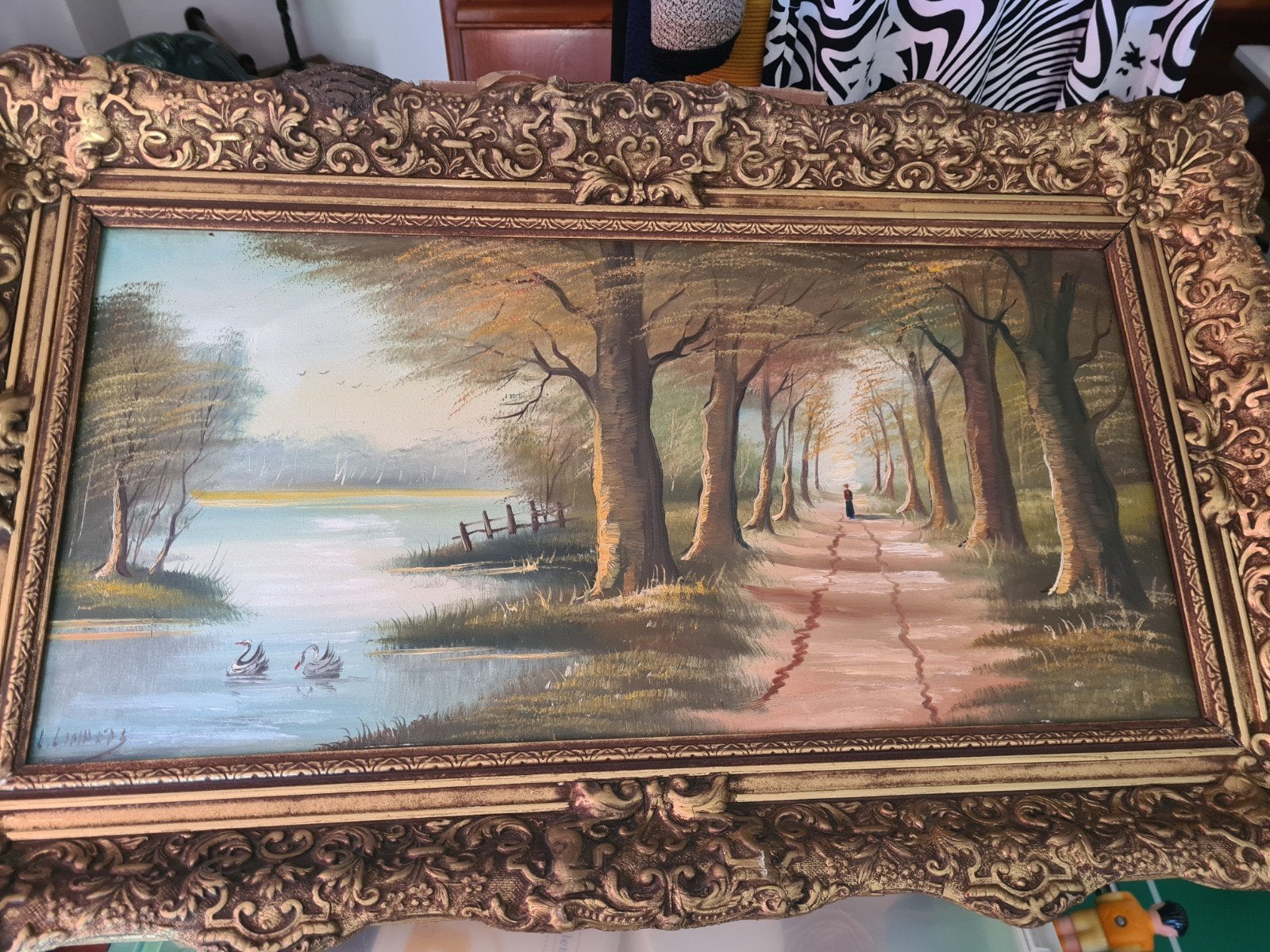 Schilderij L. Linders op doek in baroklijst - 60x33cm, Antiek en Kunst, Kunst | Schilderijen | Klassiek, Ophalen
