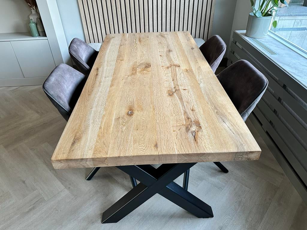 Eikenhouten eettafel met X-poot onderstel, Ophalen, 100 tot 150 cm, Eikenhout, Zo goed als nieuw