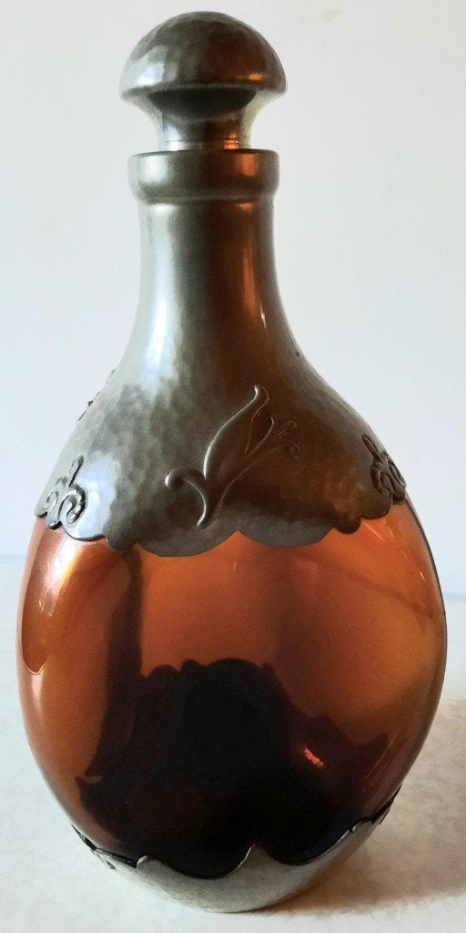 Art-Deco bruin glazen karaf met tin beslagen, Ophalen of Verzenden