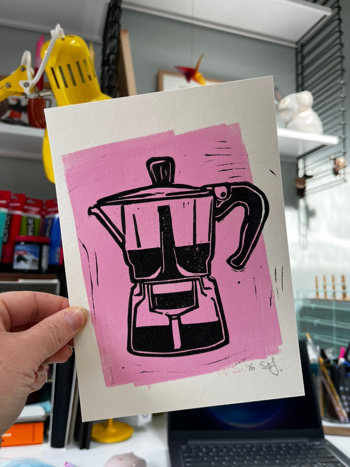 Lino afdruk koffie percolator, Gesigneerd, Ophalen of Verzenden, Overige onderwerpen, Linosnede