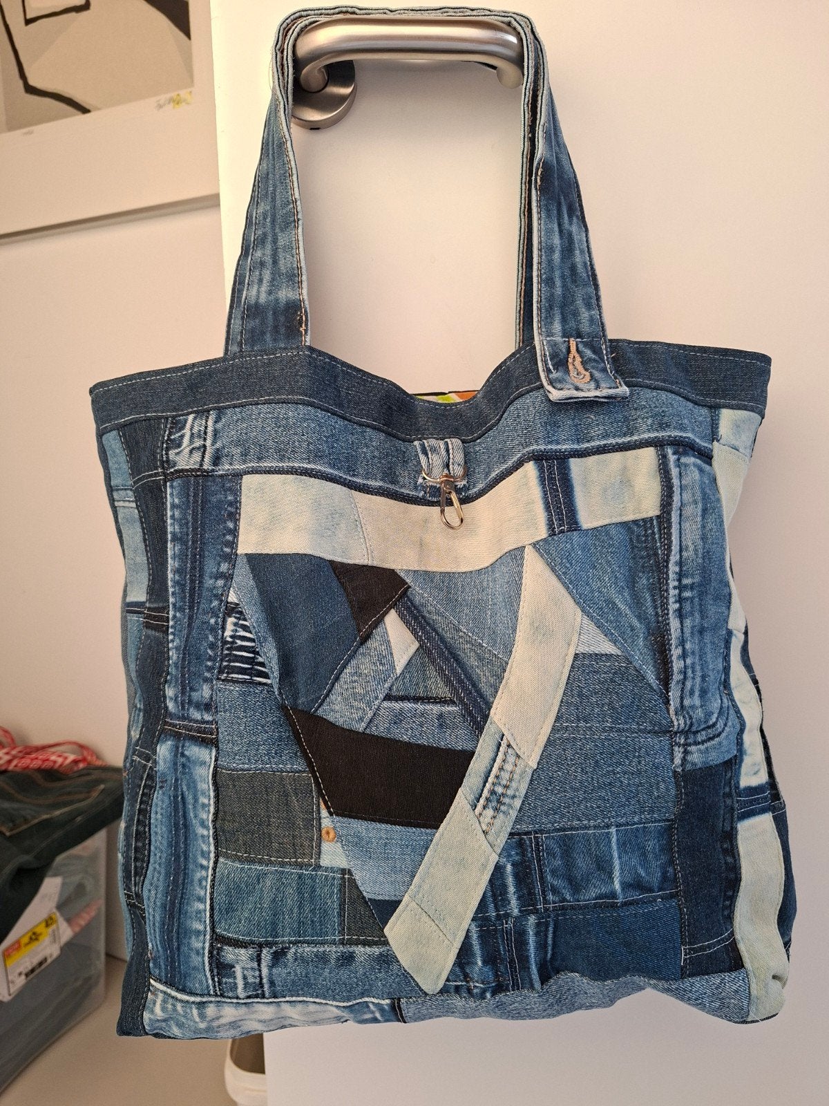 Grote Handgemaakte Denim Patchwork Shopper met Binnenzakje, Ophalen of Verzenden, Zo goed als nieuw, Blauw, Shopper