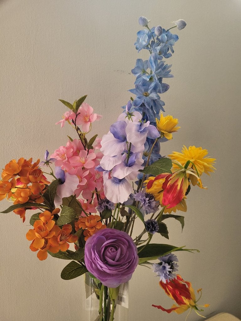 Veldboeket kunst bloemen in vaas, 100 cm, Belle Vieille Brocante, Ophalen of Verzenden, Jolandamonsieurs@gmail.com