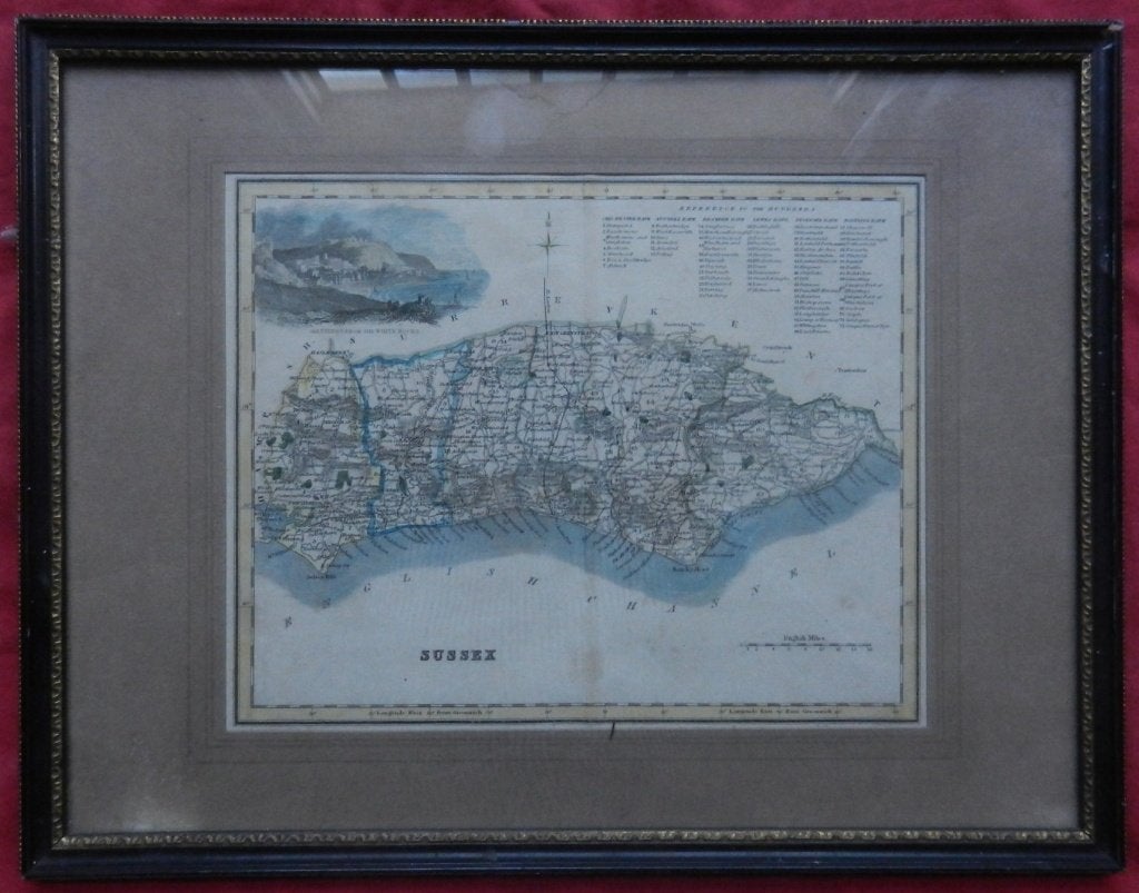 ingekleurde gravure (County of) Sussex door A Fullarton 1833, 1800 - 1899, Cartografie, Met tekst, 19 cm