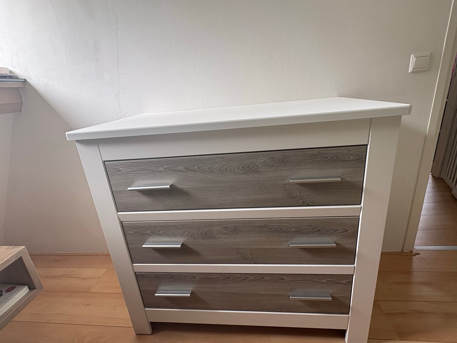 Commode met 3 laden - Wit/Houtlook, Huis en Inrichting, Kasten | Ladekasten, Gebruikt, Minder dan 100 cm, 100 tot 150 cm, 50 tot 75 cm