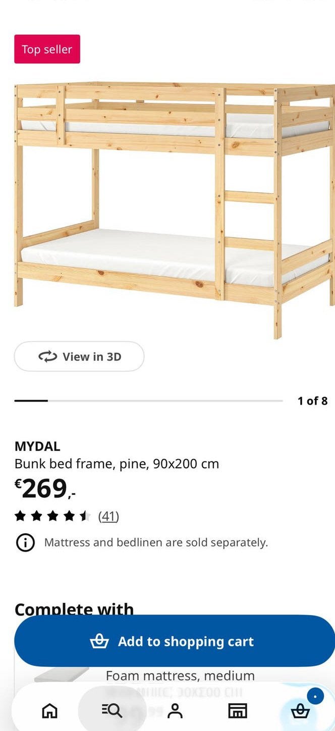 IKEA MYDAL Stapelbed - Grenen, 90x200 cm + 2 x Mattresses, Ophalen, Gebruikt, 90 cm, 160 tot 180 cm