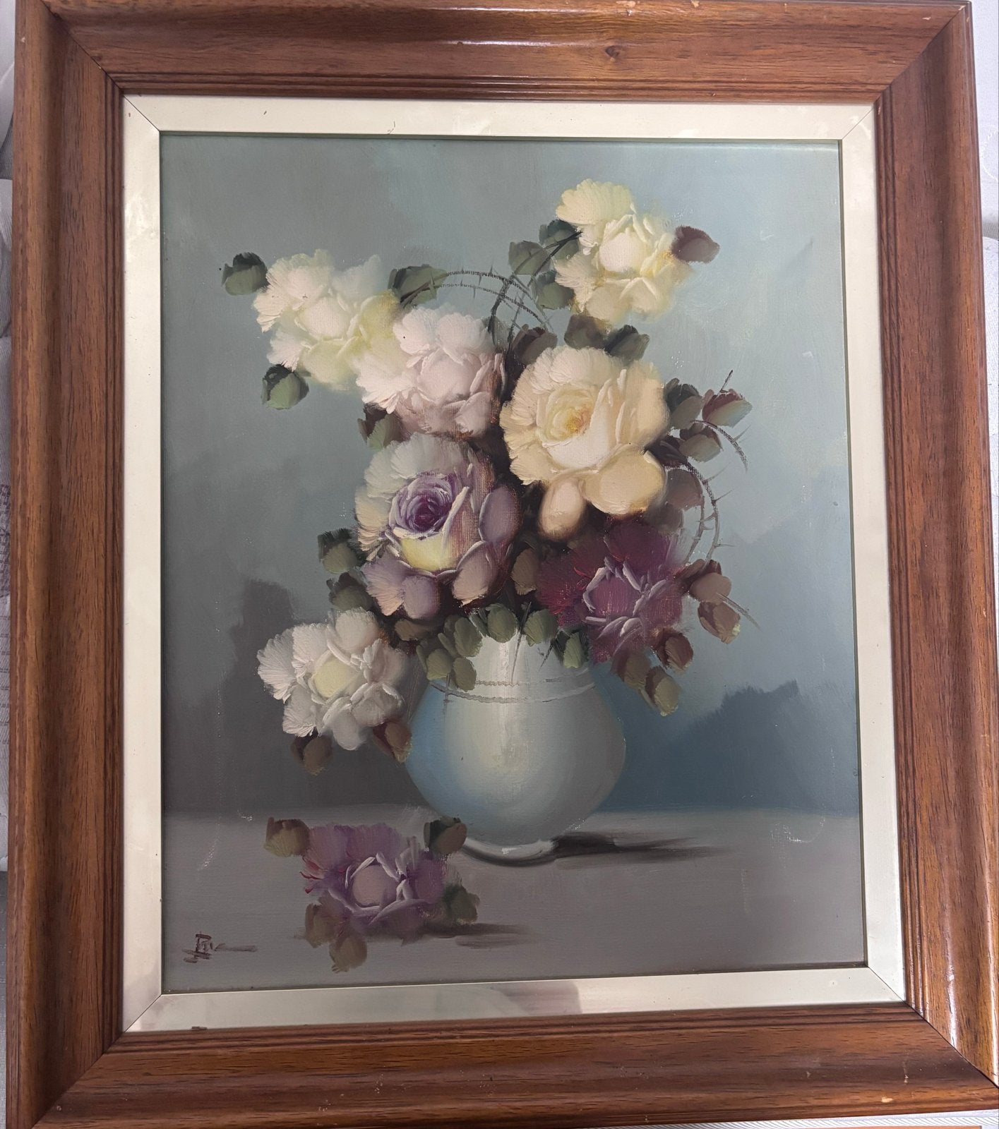 Vintage Bloemen Stilleven Schilderij - Ingelijst, Doek, Stilleven, Ophalen of Verzenden, Gesigneerd