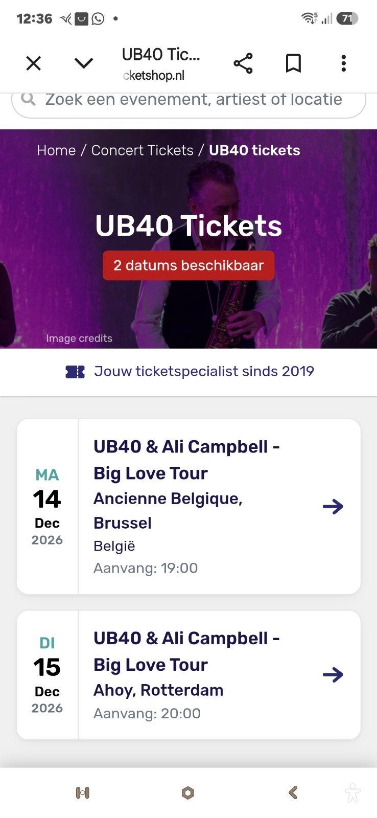 2 tickets voor UB40 Ahoy Rotterdam 15 december 2026, Twee personen, December