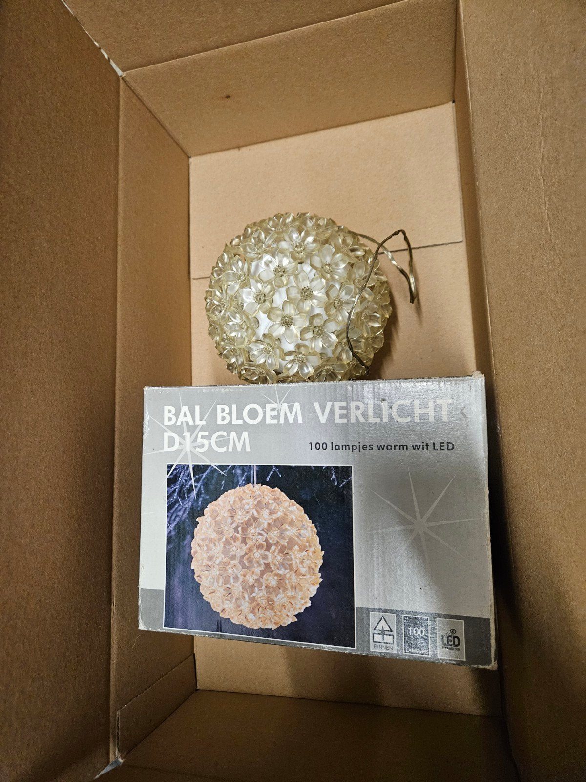 Verlichte bloemenbal - 100 warm witte LED lampjes D15cm, Ophalen, Wit, Overige merken, Kunststof