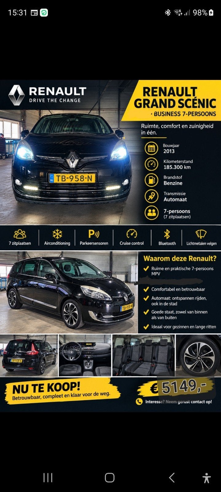 Renault Grand Scenic 2.0 16V 103KW CVT 7P 2013 Zwart, Auto-onderdelen, Ophalen, Renault
