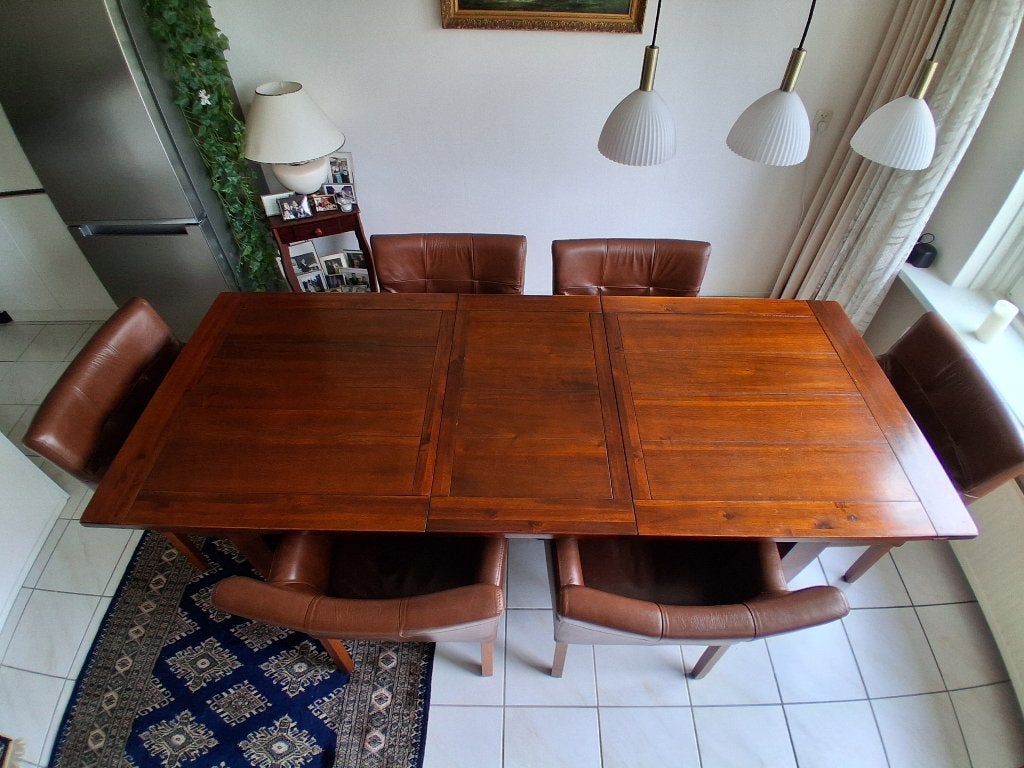 Uitschuifbare eettafel met 6 leren stoelen, Ophalen, Gebruikt, Klassiek, Landelijk, 4 tot 6 stoelen