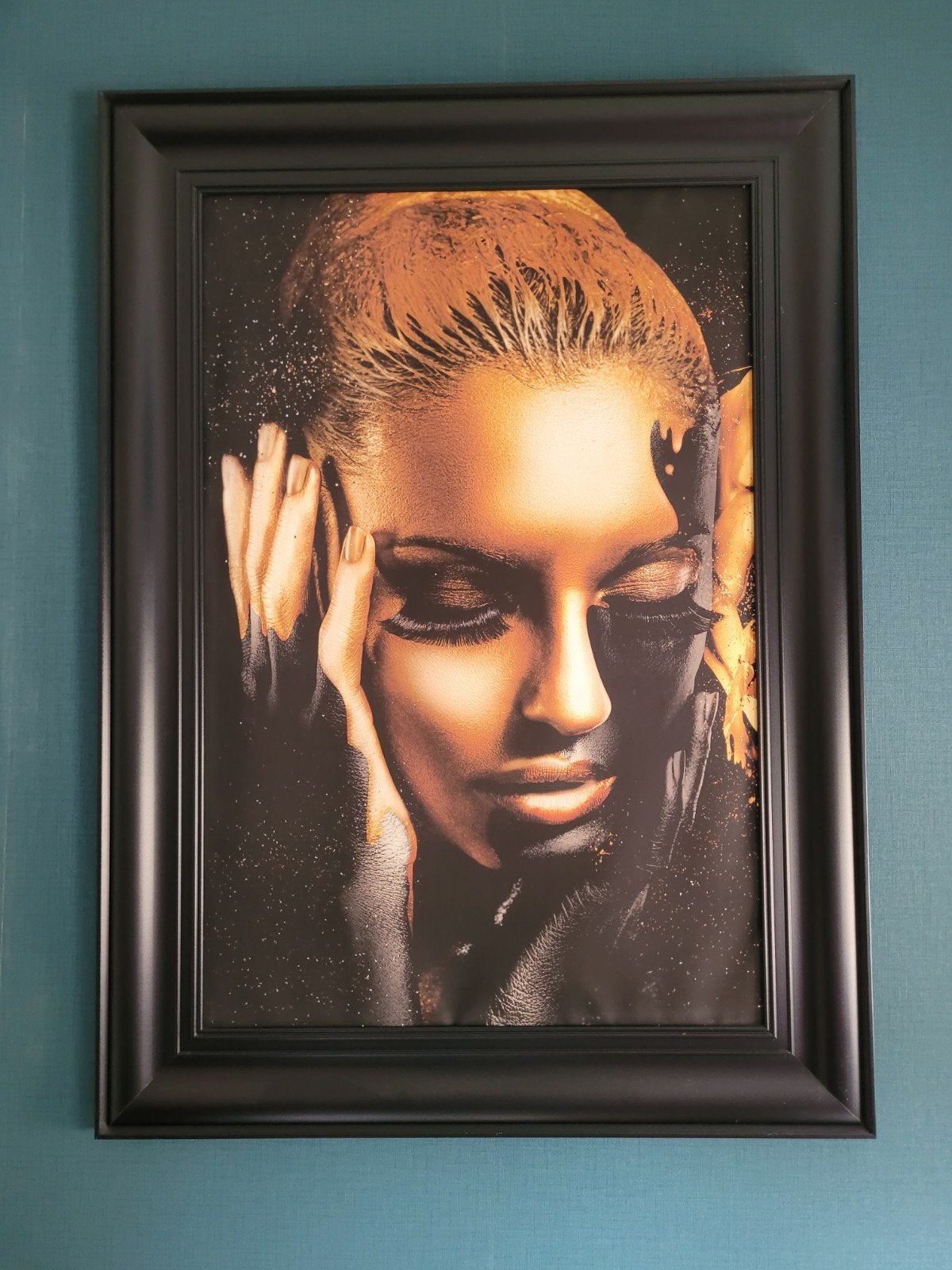 Modern Schilderij Vrouw Gezicht Goud Zwart 110x81 cm, Ophalen, Kunststof, Print, Portret