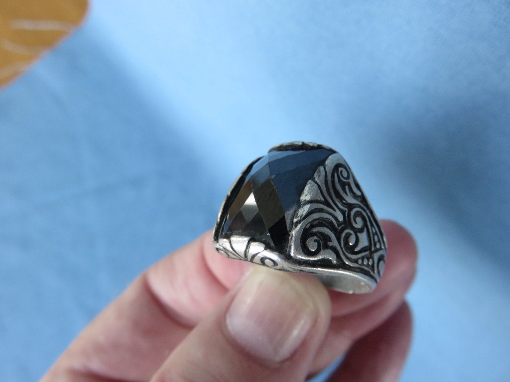 Ring in zilver met zwart geslepen steen en niello - 20e eeuw, Gebruikt, 20 of groter, Ophalen of Verzenden, Dame of Heer