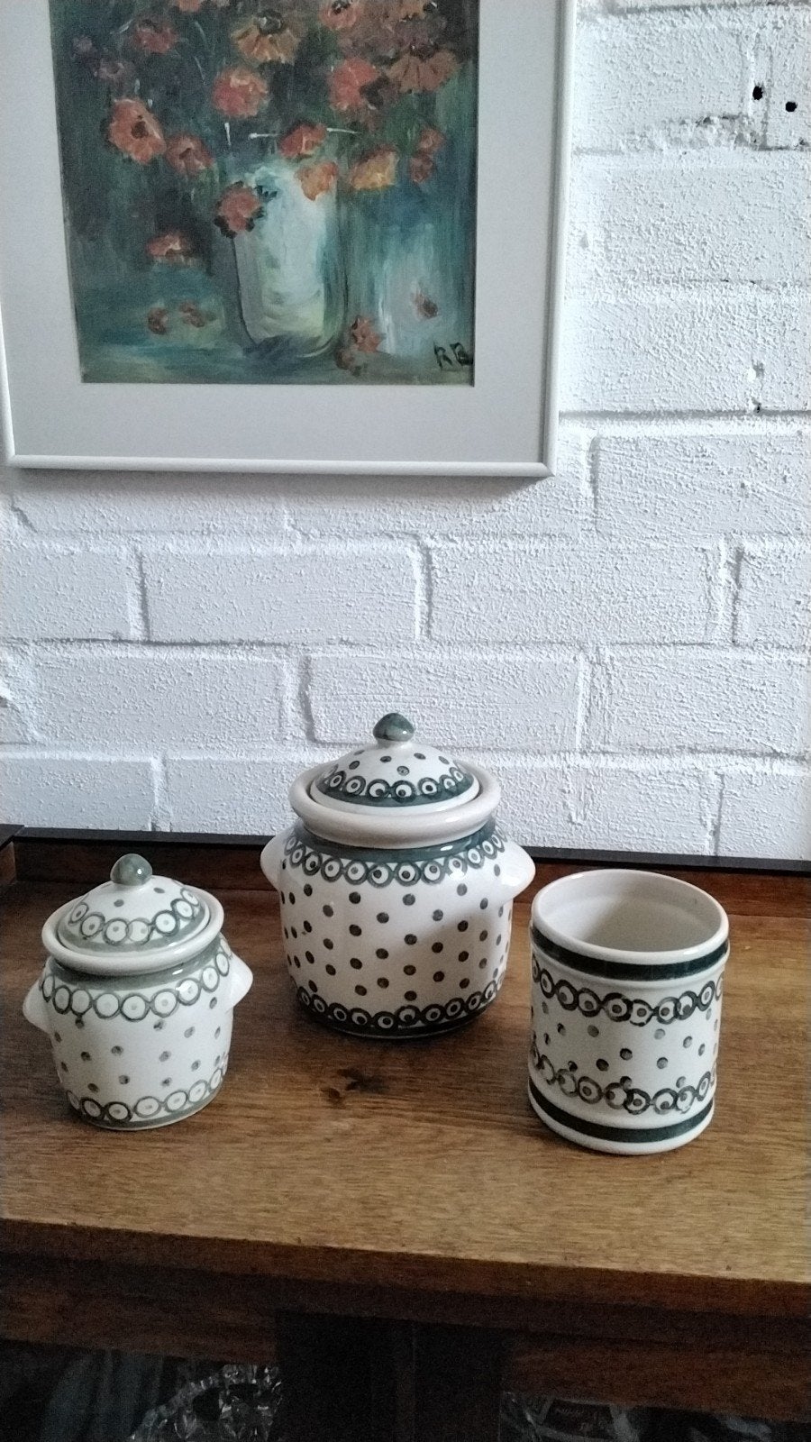 3 delige uien, knoflook en pollepel pot met stippen design, Ophalen of Verzenden