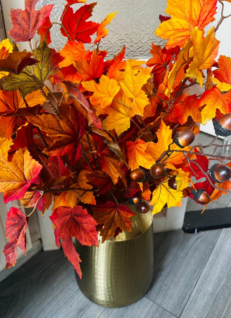 Mooie gouden vaas met herfst decoratie, Huis en Inrichting, Ophalen of Verzenden, Zo goed als nieuw