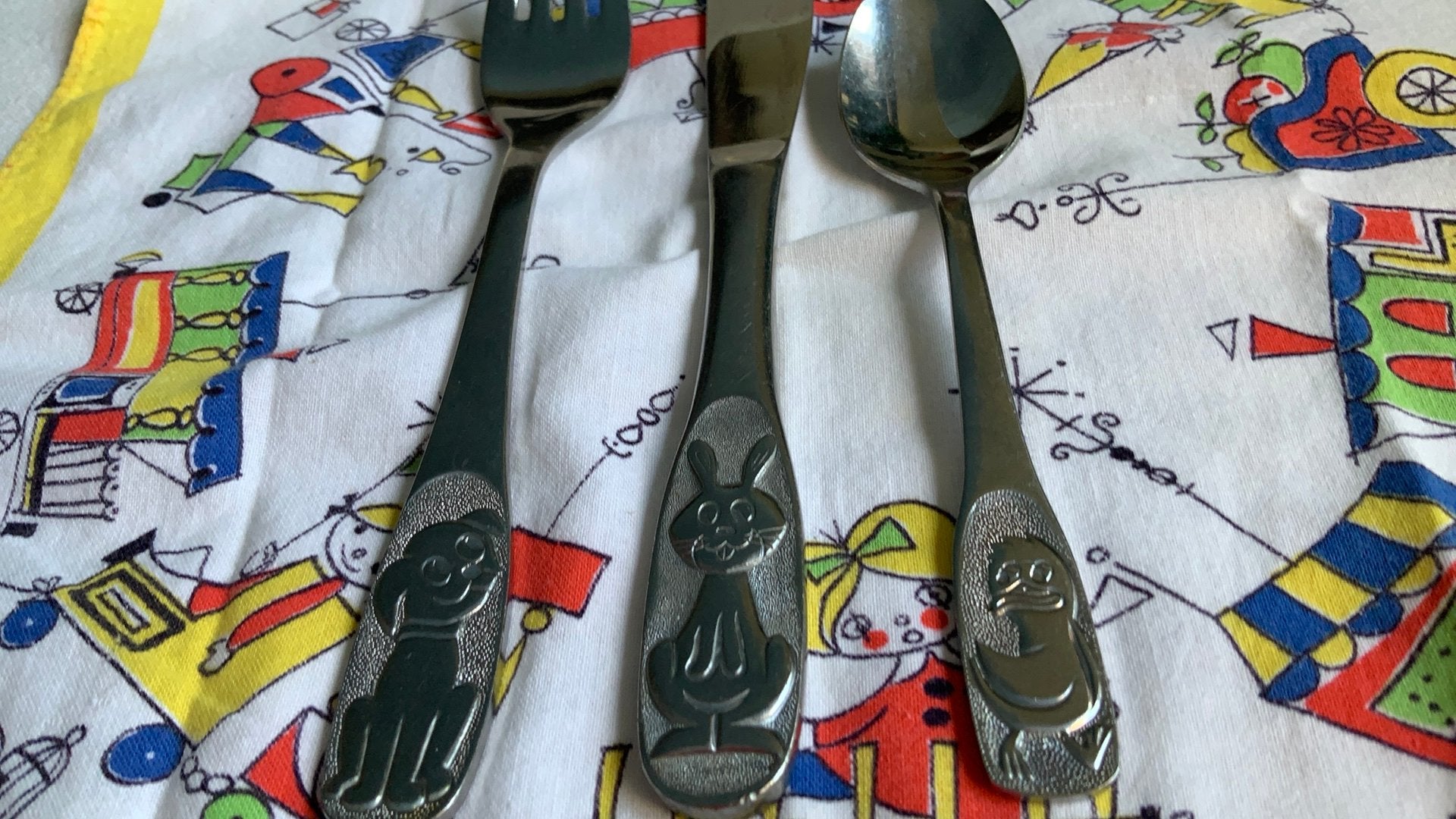 Vintage Keltum rvs kinderbestekje 3-delig/dierdecor, Ophalen of Verzenden