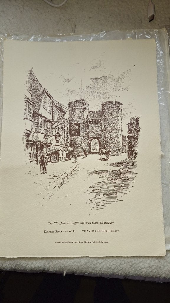 Prent The Sir John Falstaff en West Gate Canterbury +3, Verzamelen, Zo goed als nieuw, Voor 1940, Prent, Buitenland