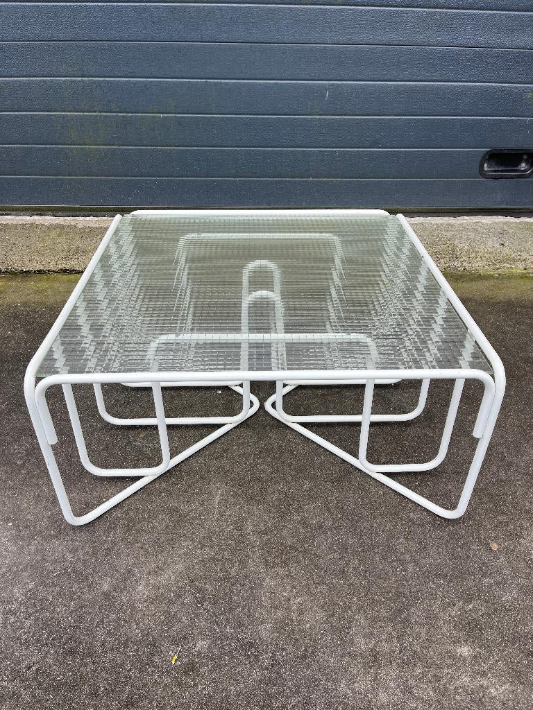 Jaren 80 90 post modern wit metalen buisframe en draadglas, Huis en Inrichting, Tafels | Salontafels, Ophalen, Draadglas, Gebruikt