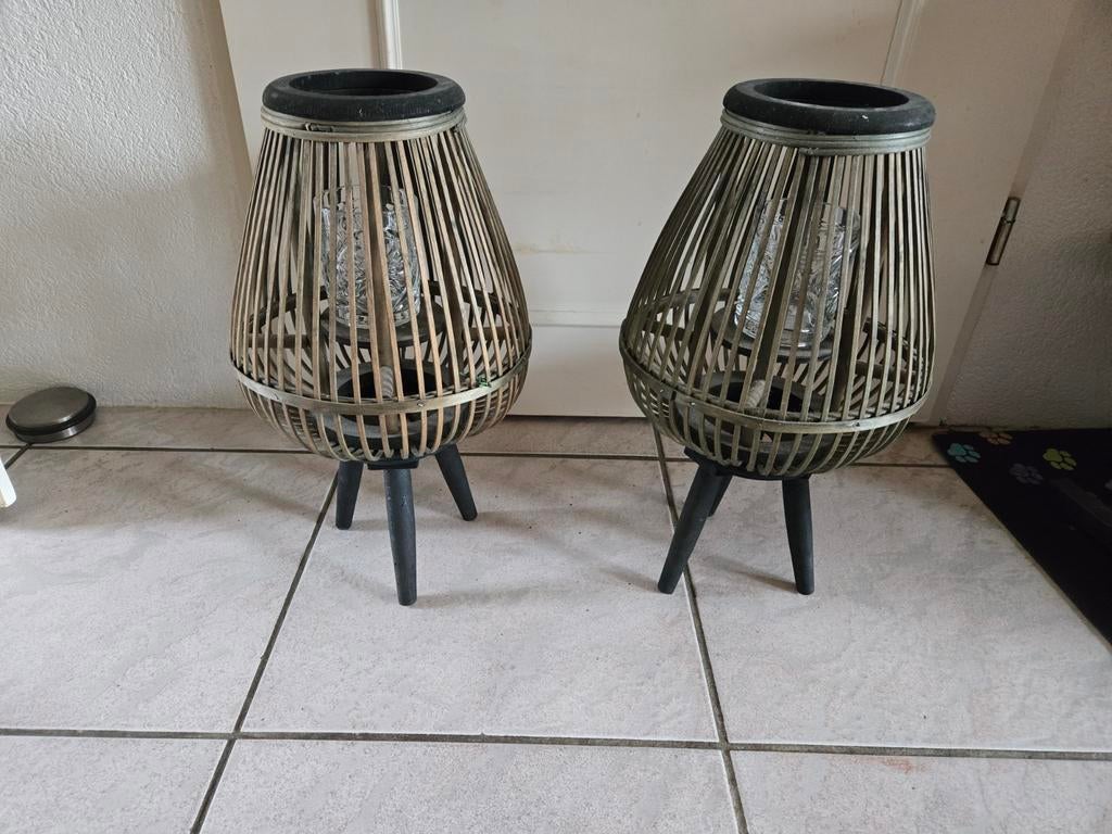 2 stuks Lantaarns - Bamboo Lantaarn Windlicht Op Houten Pote, Ophalen
