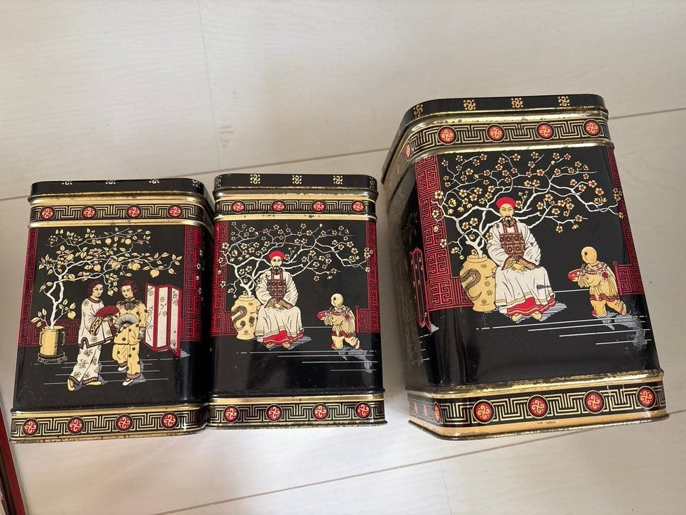 3 vintage blikken met oosterse afbeeldingen, Ophalen, Gebruikt, Koek(jes), Overige merken