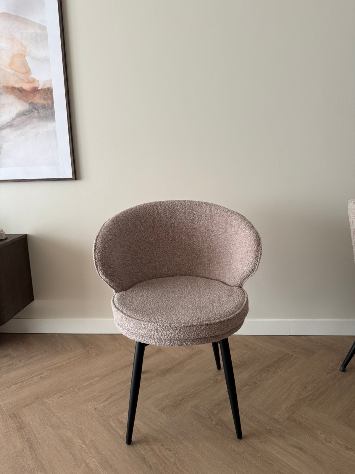 Bouclé Eetkamerstoelen Taupe - Set van 6, Huis en Inrichting, Stoelen, Ophalen, Overige kleuren, Zo goed als nieuw, Vier