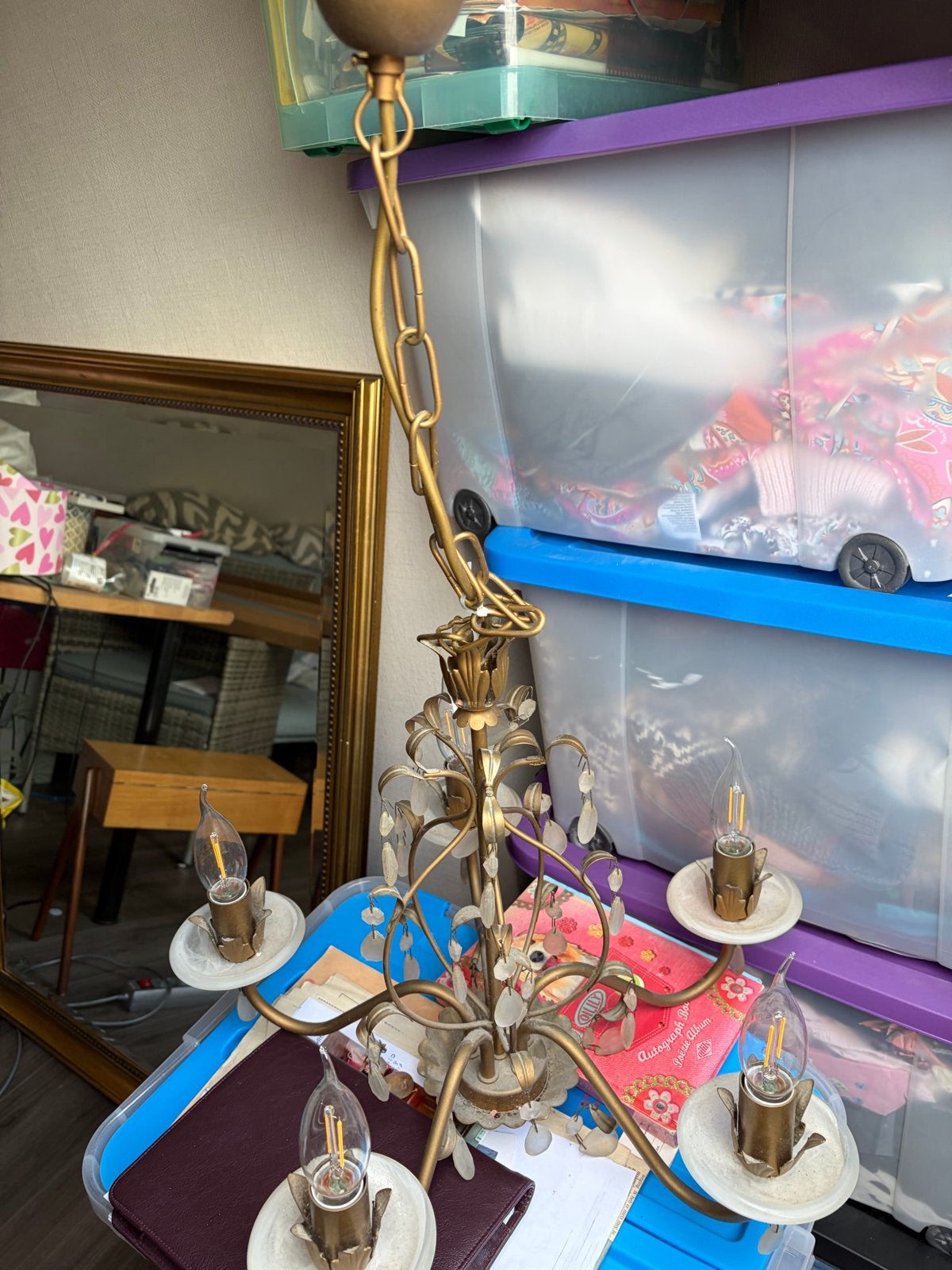 Vintage Kroonluchter met Kristallen Hangers, Ophalen, Barok, E14 (klein), Zo goed als nieuw