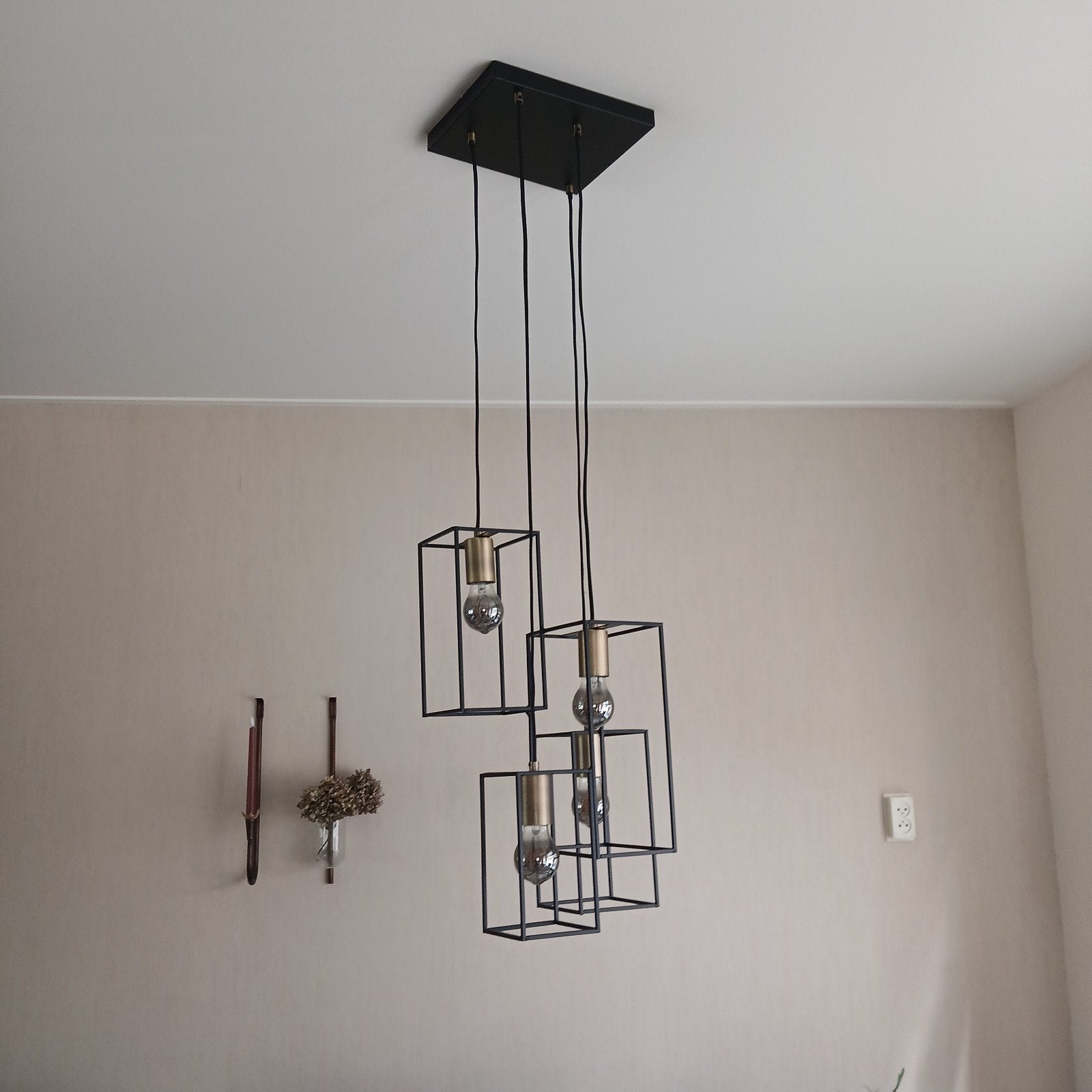Moderne Zwarte Hanglamp met 4 Lichtpunten, Modern, Industrieel, Zo goed als nieuw, Metaal, E27 (groot)