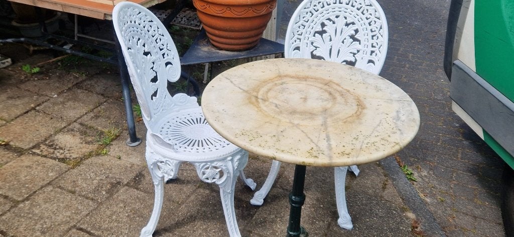 bistrosetje + tafel met marmeren blad (brocante), Ophalen, Gebruikt