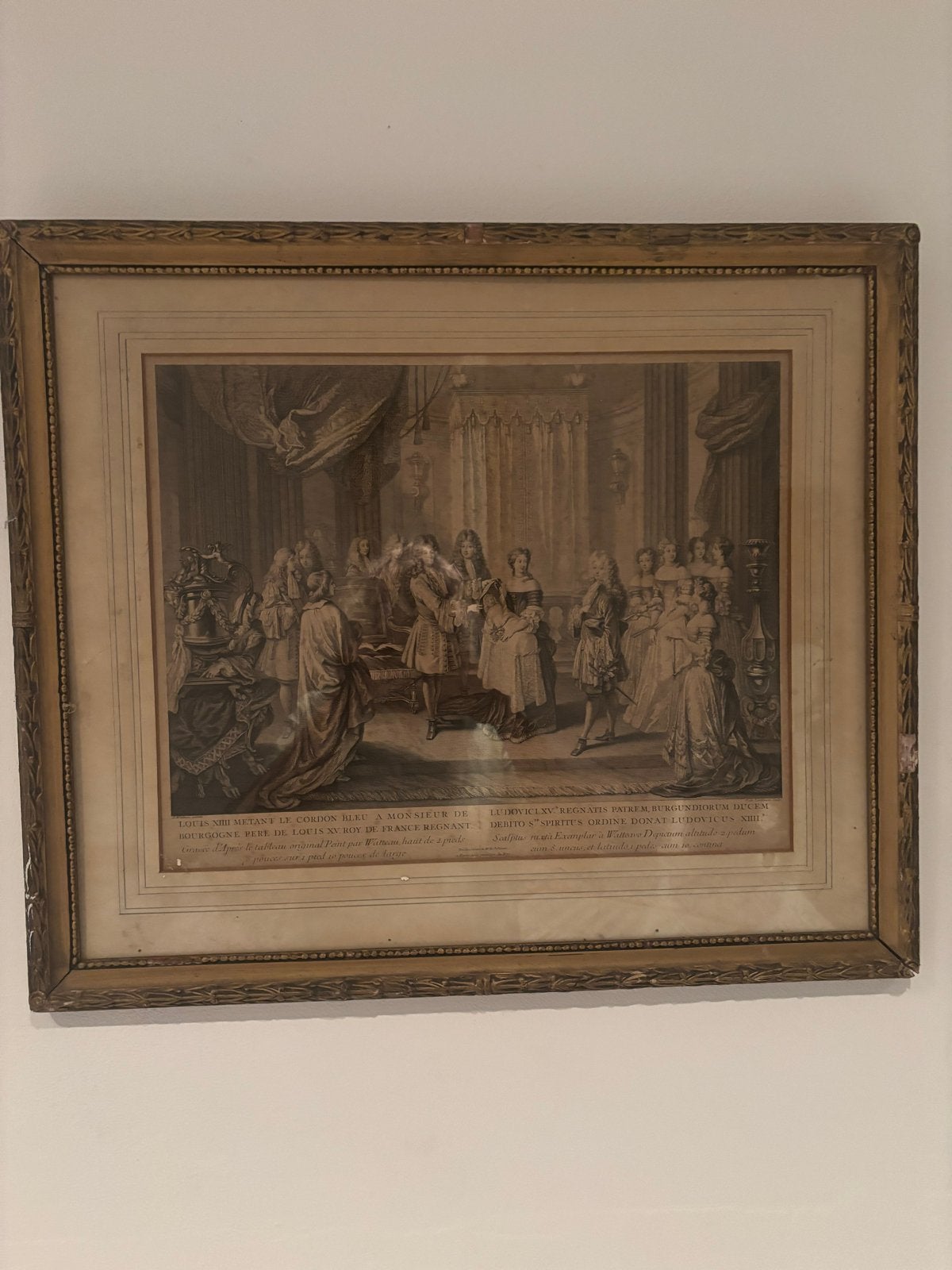 Antieke Gravure: Lodewijk XIV ontvangt de Orde van de Heilig, Gravure, Ingelijst, Dagelijks leven, 1600 - 1699