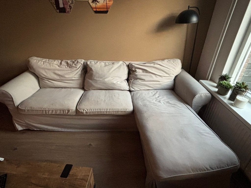 Ikea Ektorp 3-zitsbank, met chaise longue beige (gratis), Ophalen, 250 tot 300 cm, Gebruikt, Driepersoons