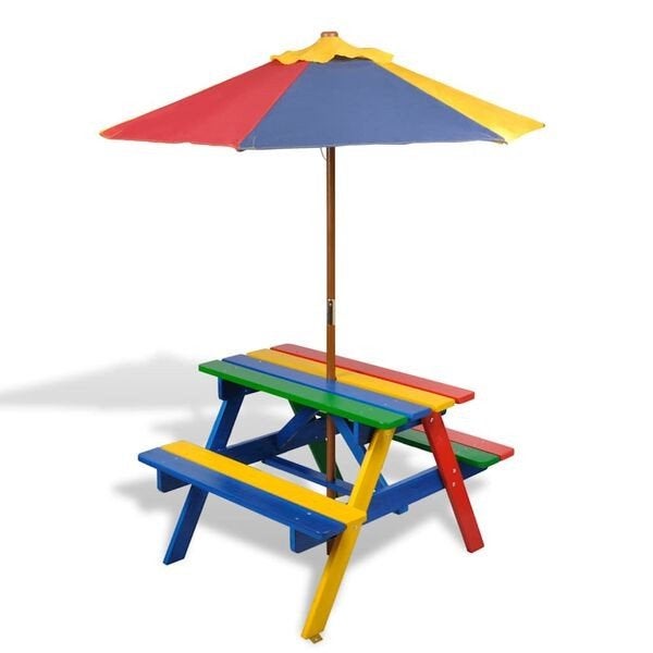 Kinderpicknicktafel met banken en parasol hout nieuw in doos, Tuin en Terras, Nieuw, Rechthoekig, Hout, Ophalen