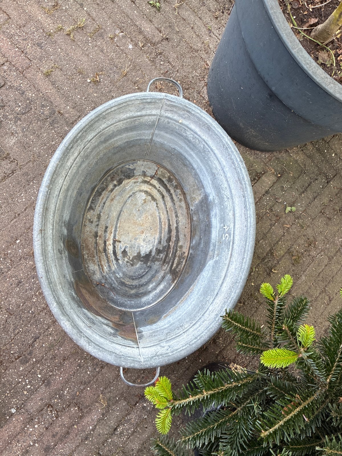 Grote zinken teil - Vintage plantenbak, Ophalen, Gebruikt, Rond, Binnen