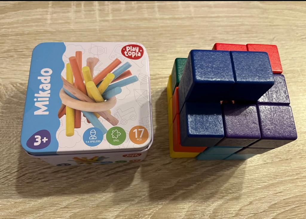 Playtopia Houten puzzels mikado en kubus tetris, Ophalen, Zo goed als nieuw