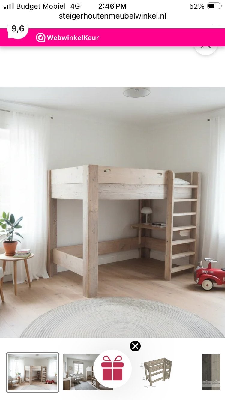 Stevige steigerhouten hoogslaper met bureau en gratis stoel, Ophalen, Eenpersoons, 160 tot 180 cm, Zo goed als nieuw