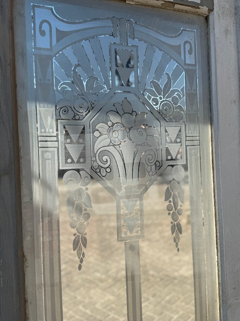 Set antieke openslaande deuren met geëtst glas en bovenlicht, Ophalen