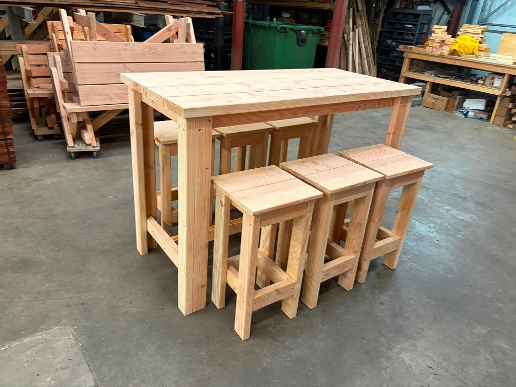 Bartafelset voor buiten met 6/8 krukken – Showroom model, Ophalen, Zo goed als nieuw, Rechthoekig, Hout